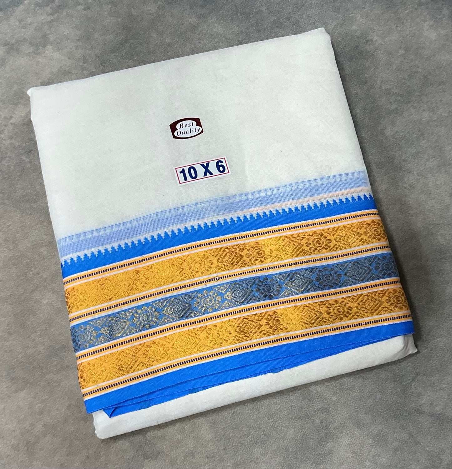 10X6 Cotton Dhoti White Colour with Yellow and Blue Border