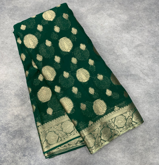 Georgette Saree Green Colour with Sliver Floral Design Border