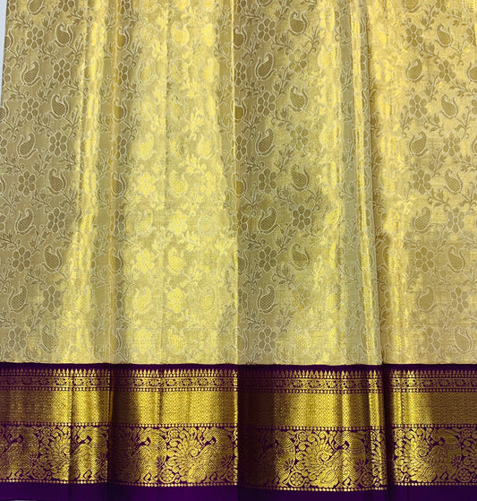 Golden shade Pure kanchipuram Kids Pattu Pavadai with contrast border for newborn to 2 Years