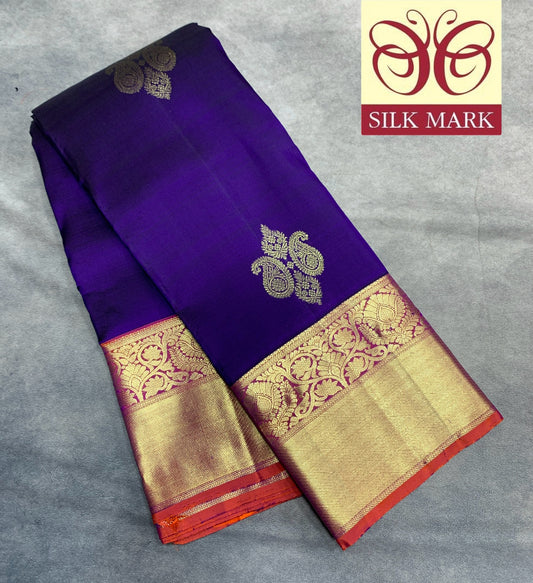 Pure Kanchipuram Silk Saree Blue Colour with Orange Border