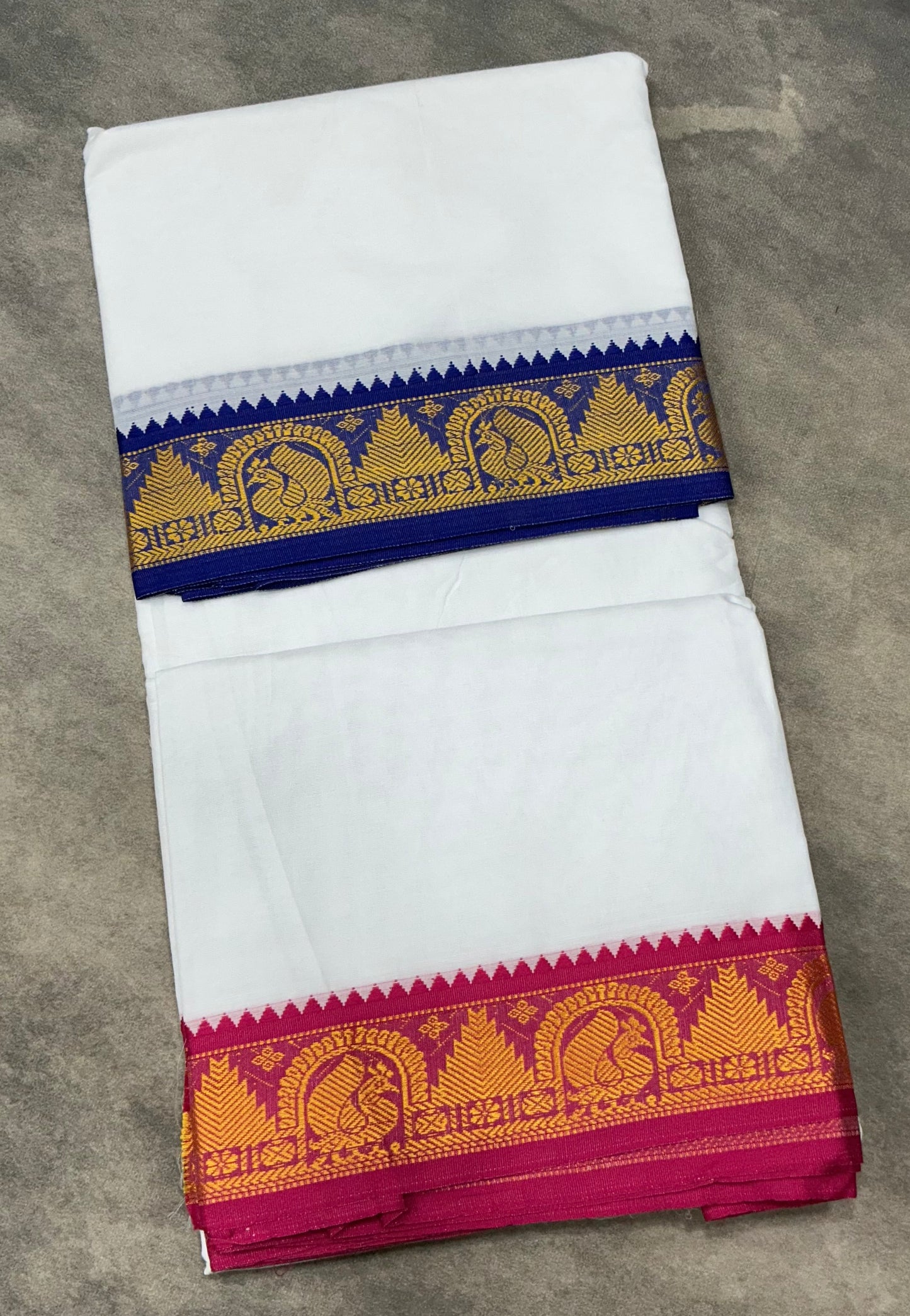 9X6 Cotton Dhoti White Colour with Navy Blue and Pink Border with Angavastram