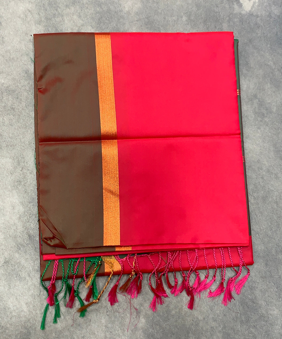 Art Silk Saree Red Colour with Green and Copper Border