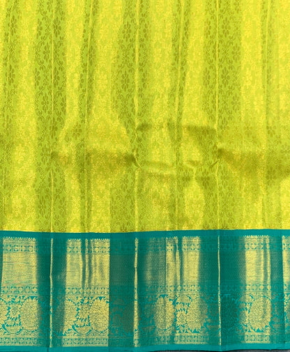 Lime Yellow Shade Pure Kanchipuram Kids Pattu Pavadai with Contrast Border for Newborn to 2 Years