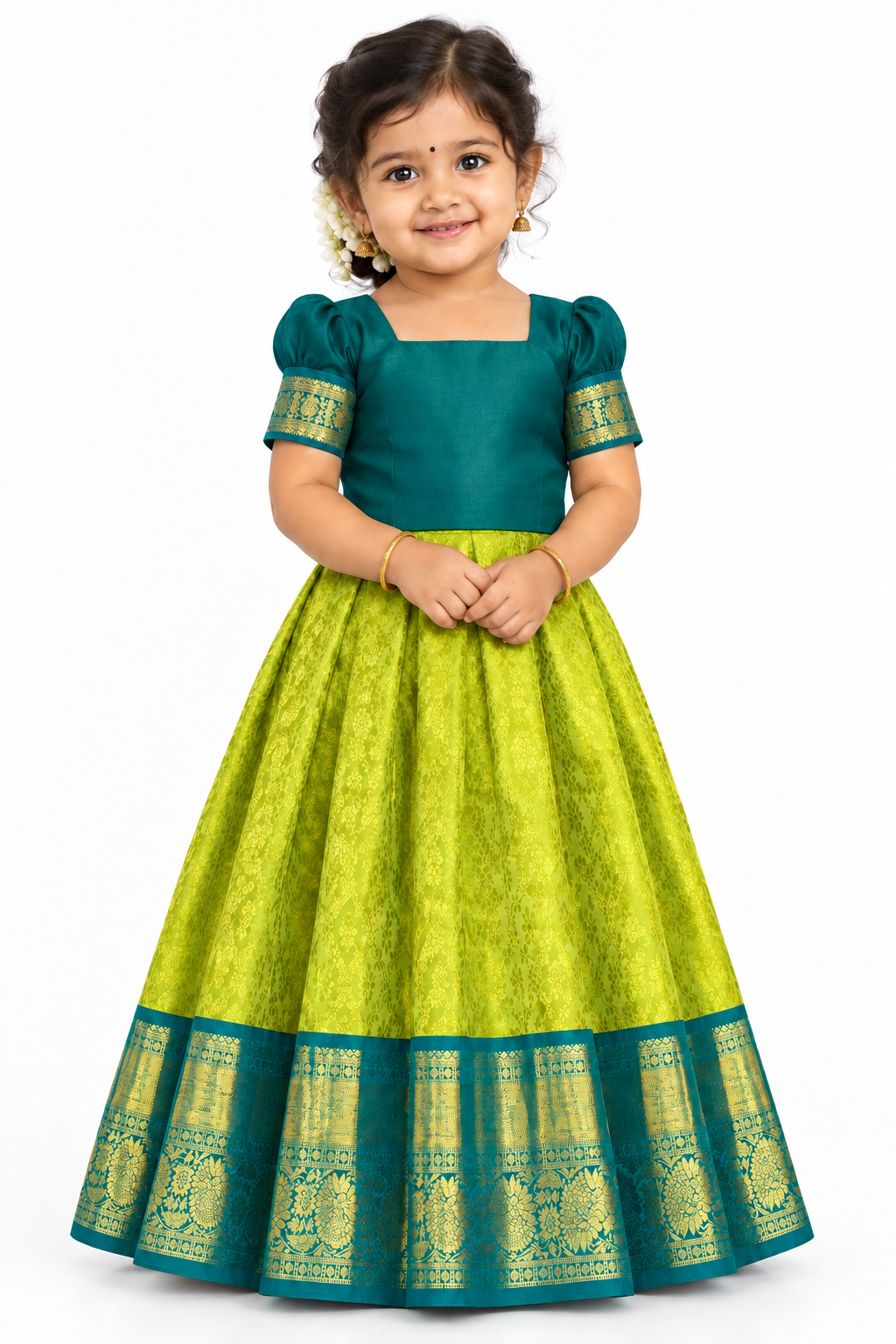 Lime Yellow Shade Pure Kanchipuram Kids Pattu Pavadai with Contrast Border for Newborn to 2 Years