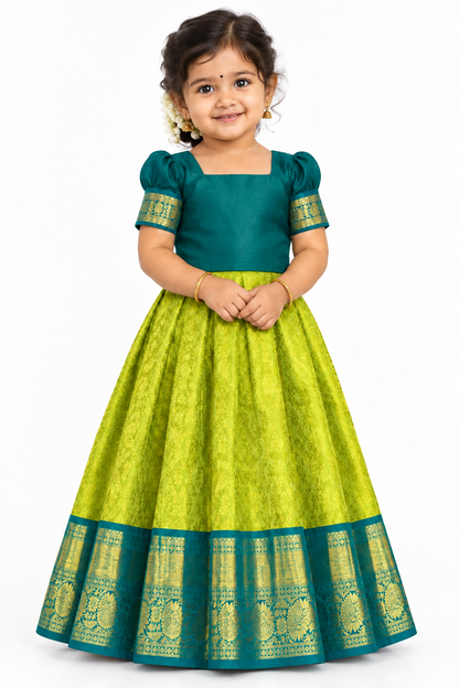 Lime Yellow Shade Pure Kanchipuram Kids Pattu Pavadai with Contrast Border for Newborn to 2 Years