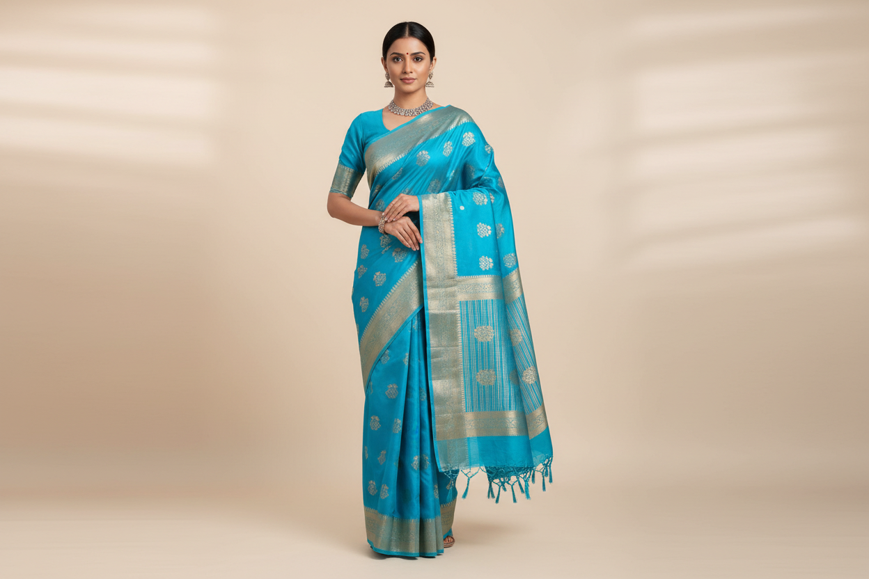 Crepe Saree Light Sky Blue Colour with Sliver Zari work Border
