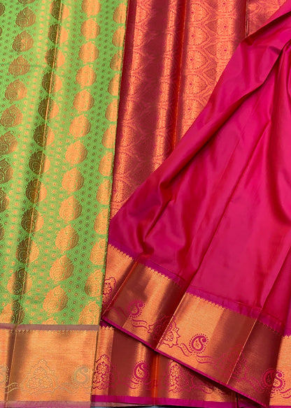 Vegan Silk Saree Apple Green Colour with Pink and Copper Border