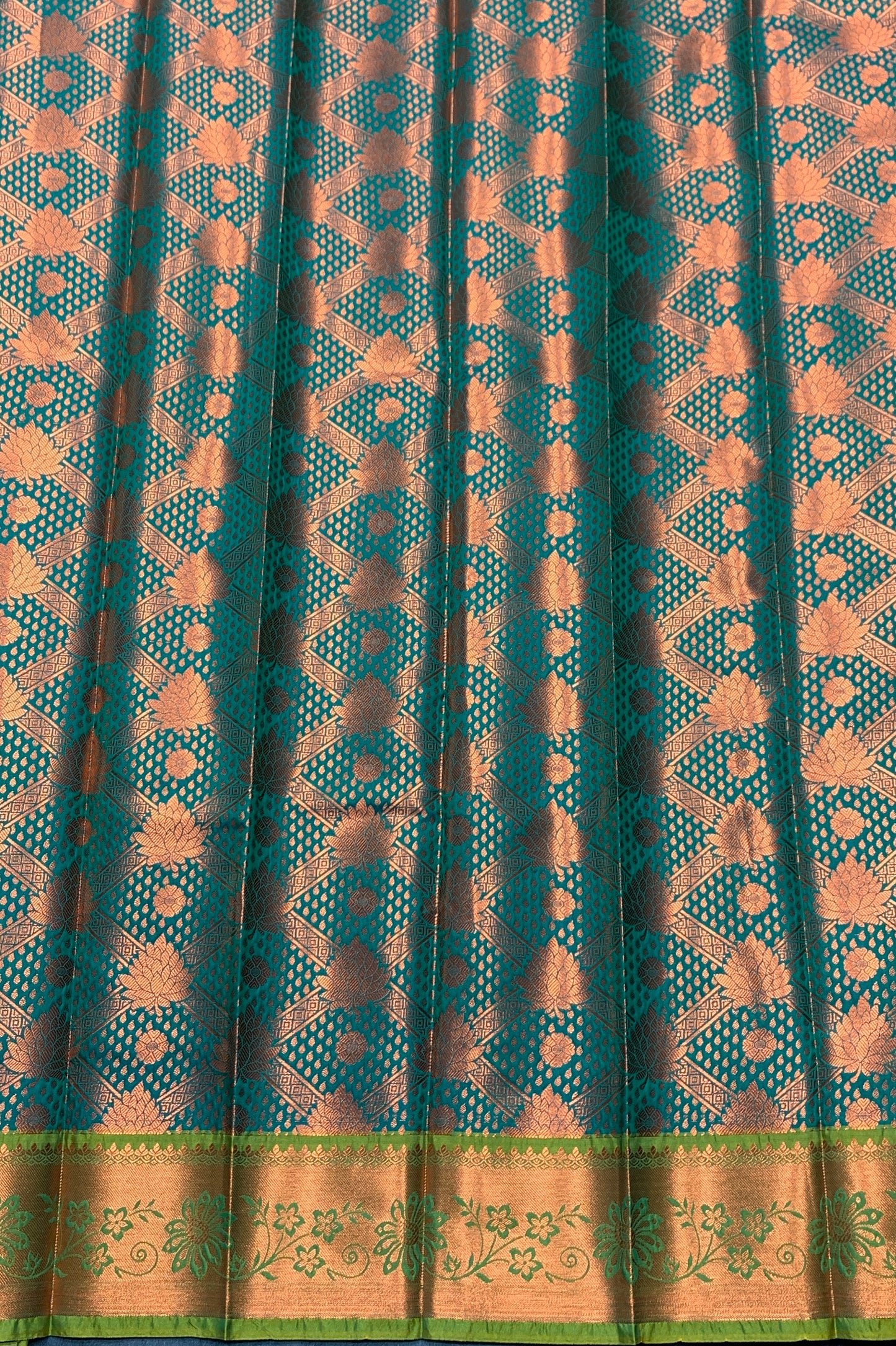 Vegan Silk Saree Rama Green Colour with Light Green and Copper Border