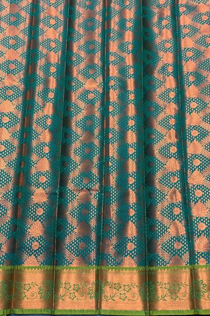 Vegan Silk Saree Rama Green Colour with Light Green and Copper Border