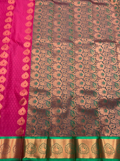 Vegan Silk Saree Pink Colour with Light Green and Copper Border