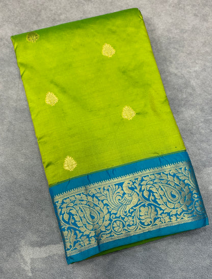 Pure Kanchipuram Silk Saree Light Green Colour with Sky Blue Border