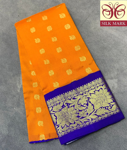 Mango Yellow Shade Pure kanchipuram Kids Pattu Pavadai with Contrast Border for Newborn to 2 Years