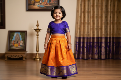 Mango Yellow Shade Pure kanchipuram Kids Pattu Pavadai with Contrast Border for Newborn to 2 Years