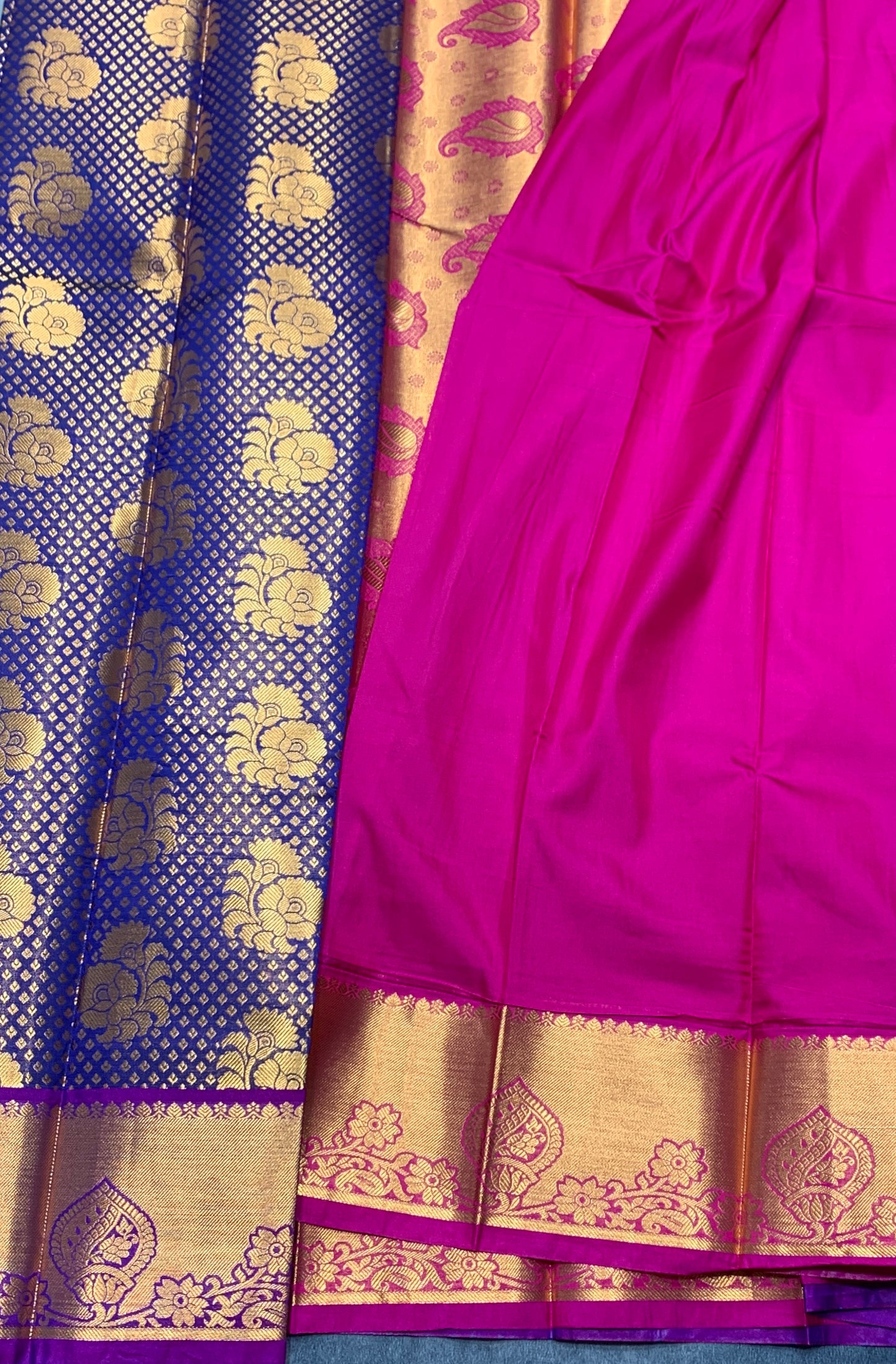 Vegan Silk Saree Blue Colour with Magenta and Copper Border