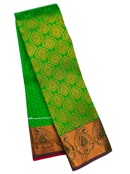 Vegan Silk Saree Apple Green Colour with Copper and Brown Border