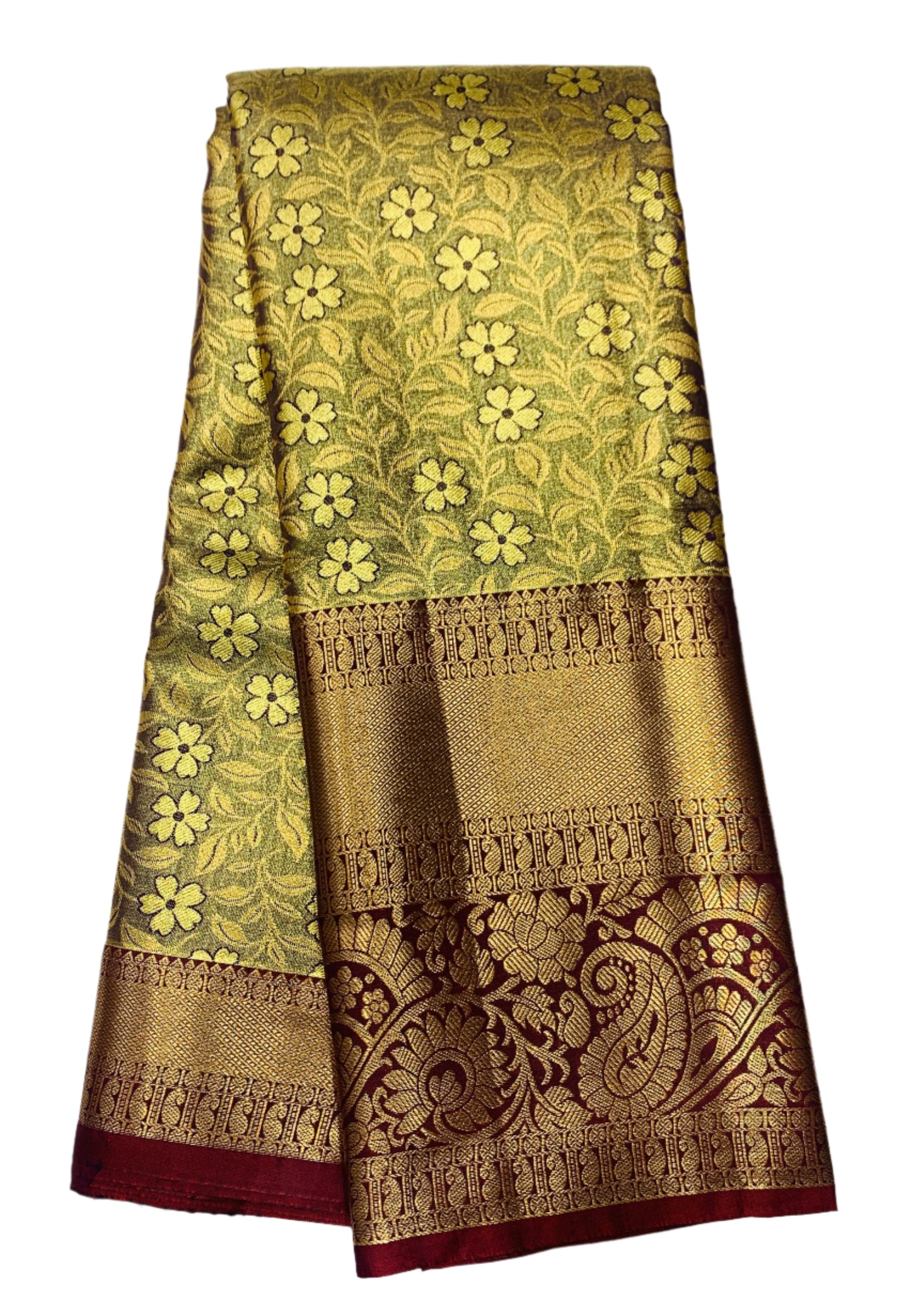 Brownish Gold Colour Soft Kanchi Tissue Pattu Saree with Maroon Border