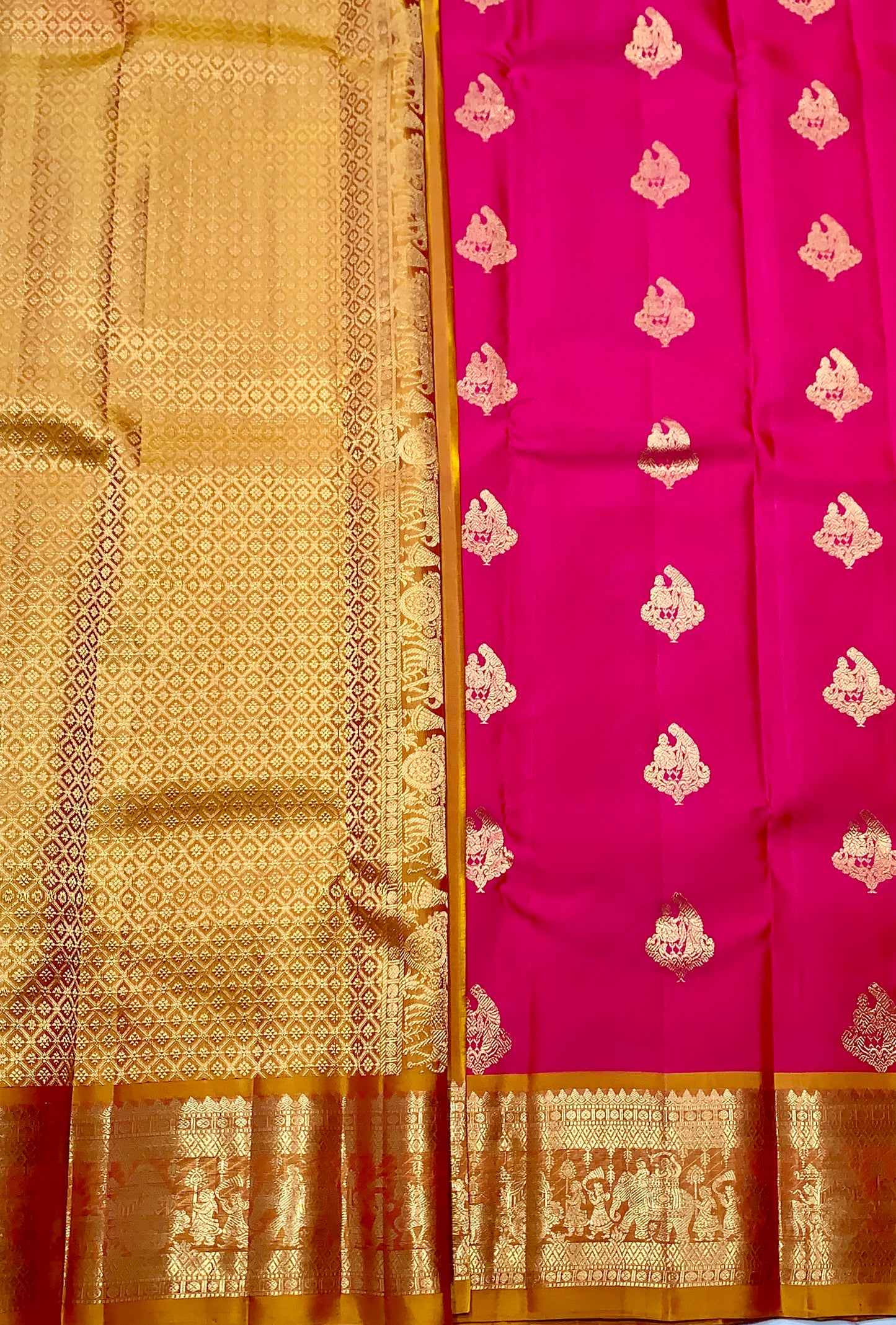 Pure Kanchipuram Silk Pink Colour with Golden Yellow Border