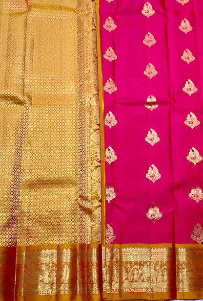 Pure Kanchipuram Silk Pink Colour with Golden Yellow Border