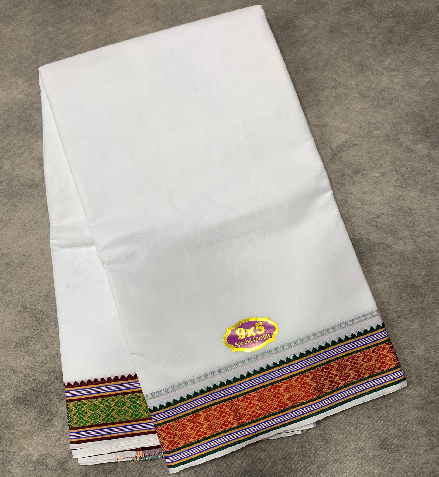 9X5 Cotton Dhoti White Colour with Red and Green Border with Angavastarm
