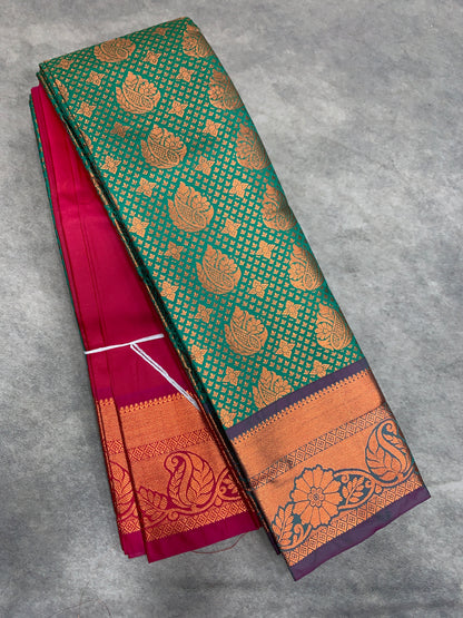 Vegan Silk Saree Light Green Colour with Pink and Copper Border