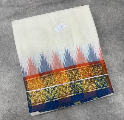 9X5 Korvai Cotton Dhoti Half White Colour with Orange and Blue Border