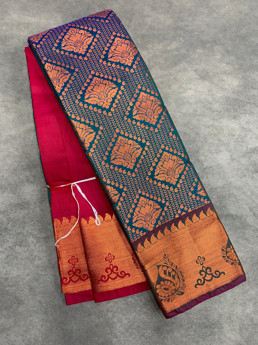 Vegan Silk Saree Aqua Blue Colour with Pink and Copper Border