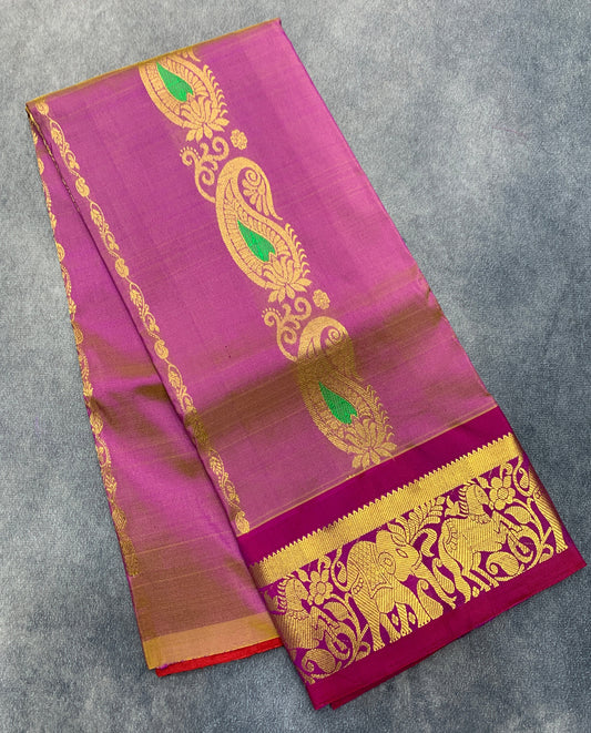 Goldish Pink Shade Semi Silk Kids Pattu Pavadai with Contrast border for Age 2 to 5 Years