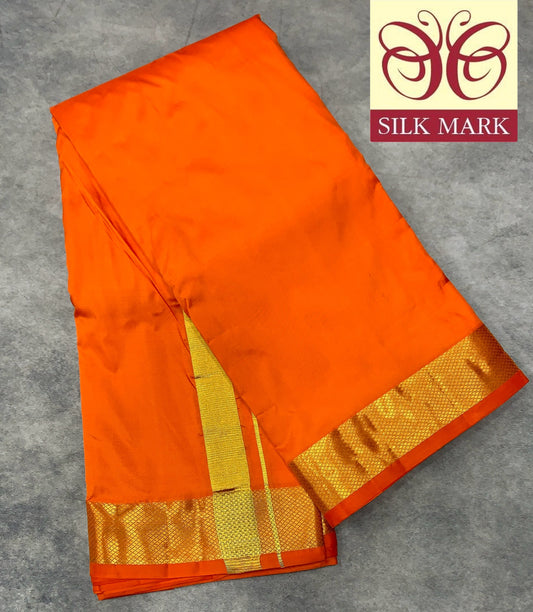 9X5 Pure Silk Dhoti Orange with Large Golden Zari Border