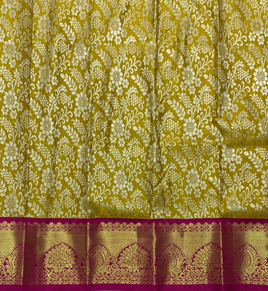 Mustard Shade Vegan Silk Kids Pattu Pavadai with Contrast Border for Newborn to 2 Years