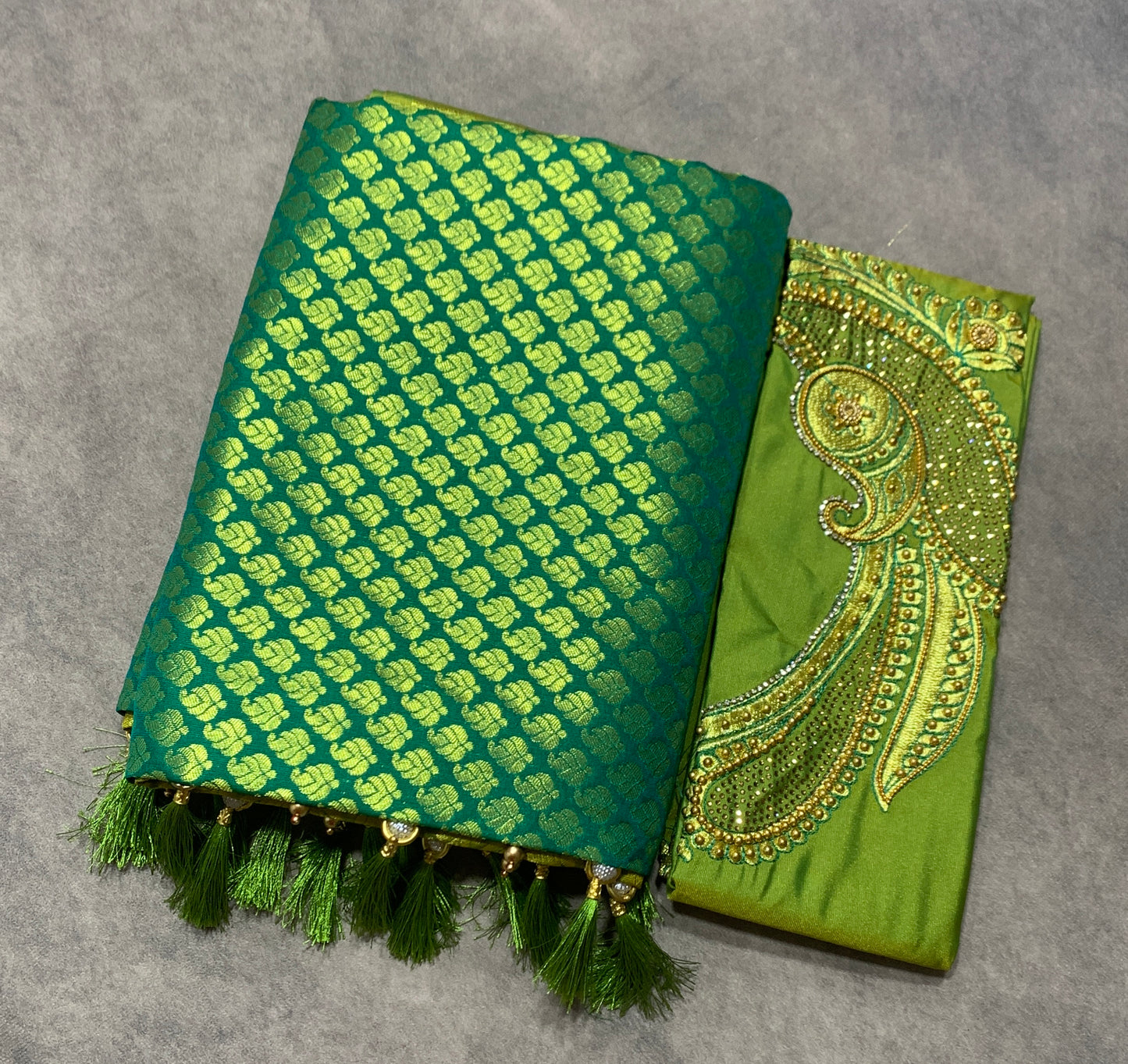 Bridal Vegan Silk Saree Green shade with lime Green Border with Unstitched blouse in Aari work
