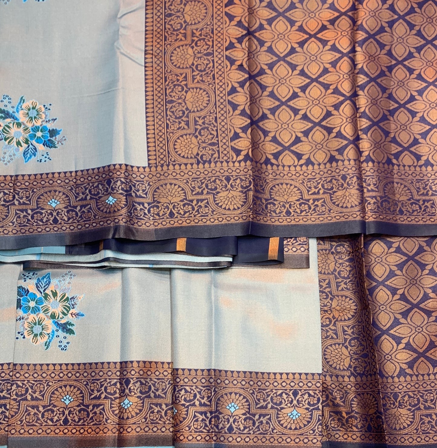 Fancy Tissue Saree Sky Blue Colour with Navy Blue Border
