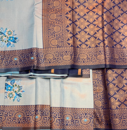 Fancy Tissue Saree Sky Blue Colour with Navy Blue Border