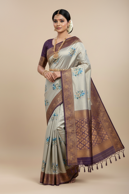 Fancy Tissue Saree Sky Blue Colour with Navy Blue Border