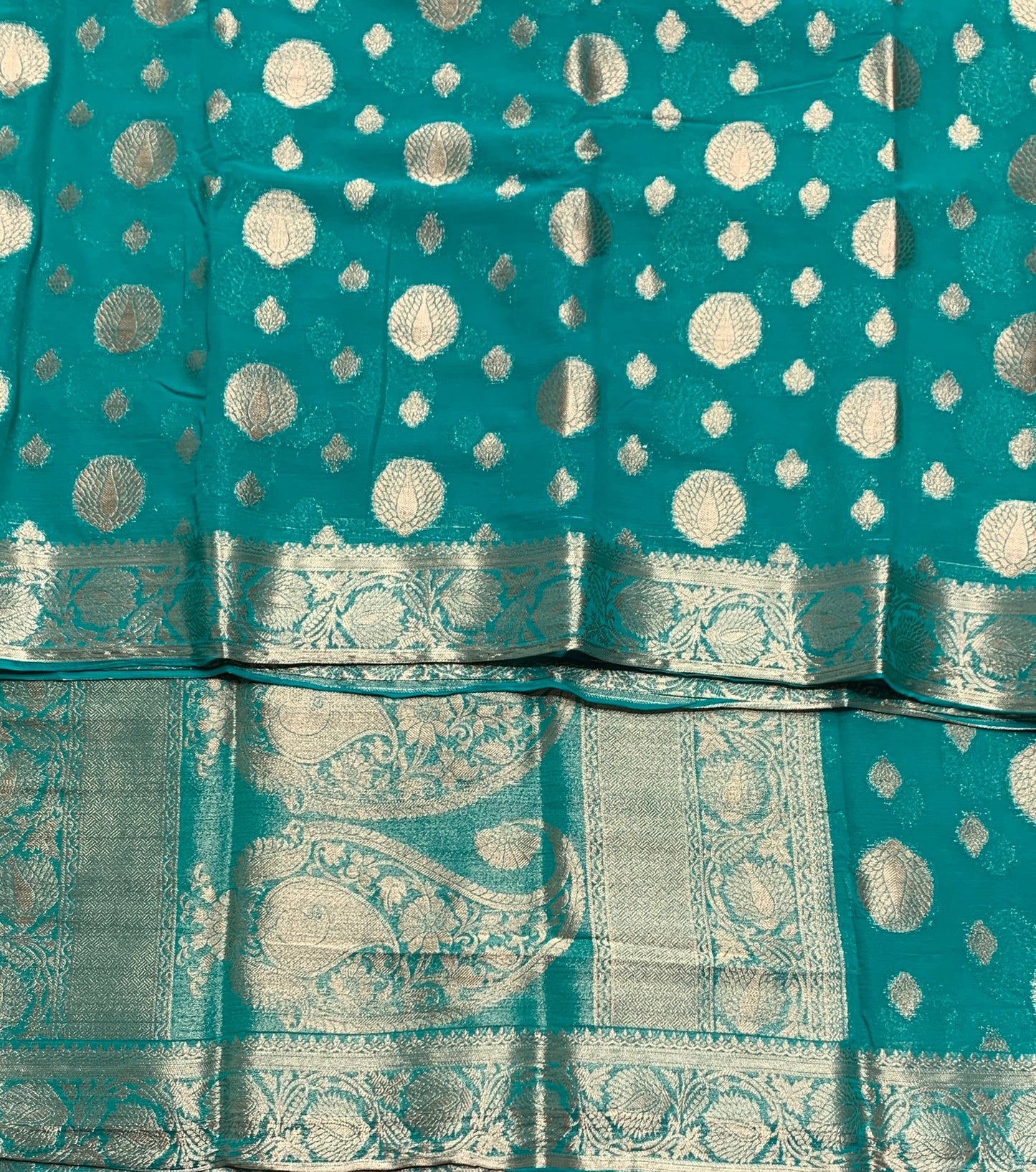 Georgette Saree Rama Green Colour with Sliver Floral Design Border