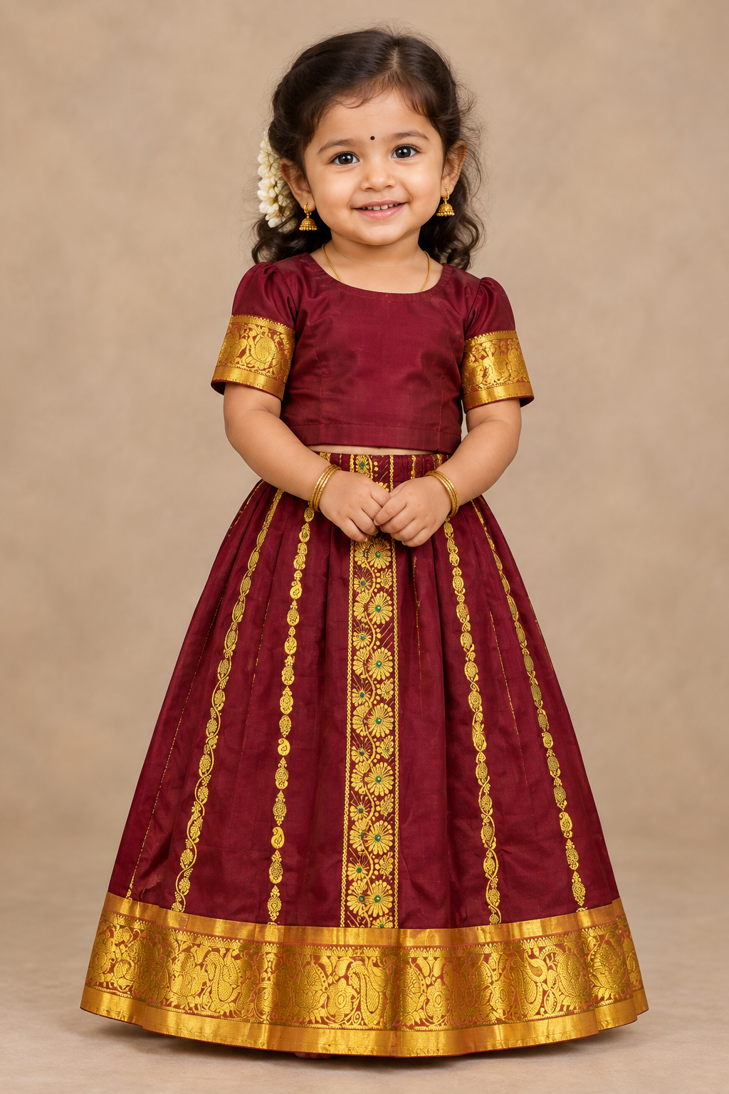 Brown Shade Semi Silk Kids Pattu Pavadai with Contrast border for Age 2 to 5 Years