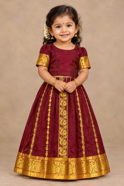 Brown Shade Semi Silk Kids Pattu Pavadai with Contrast border for Age 2 to 5 Years