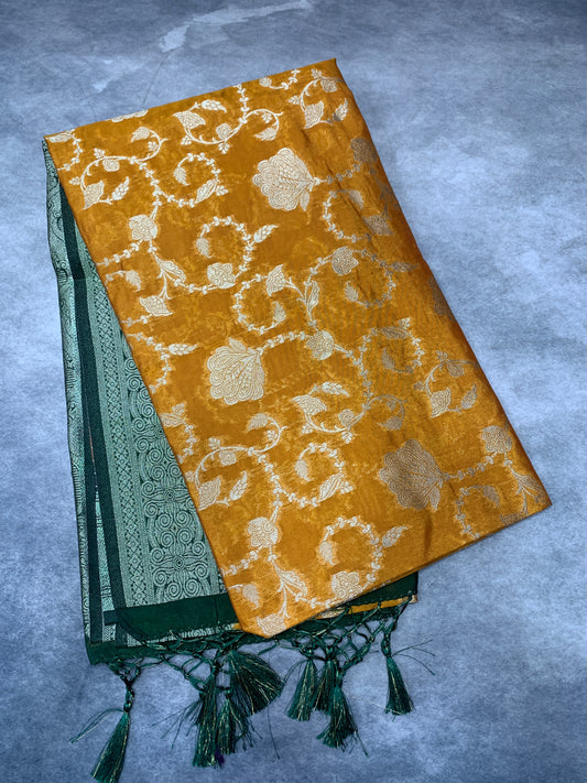 Soft Silk Casual Saree Mustard Colour with Green Colour Border
