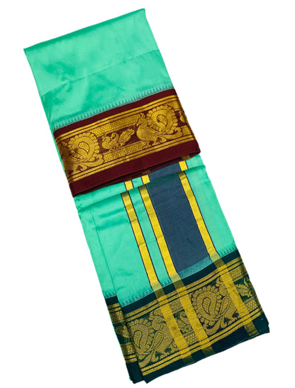 9X5 Pure Silk Dhoti Sapphire Colour Brown Border