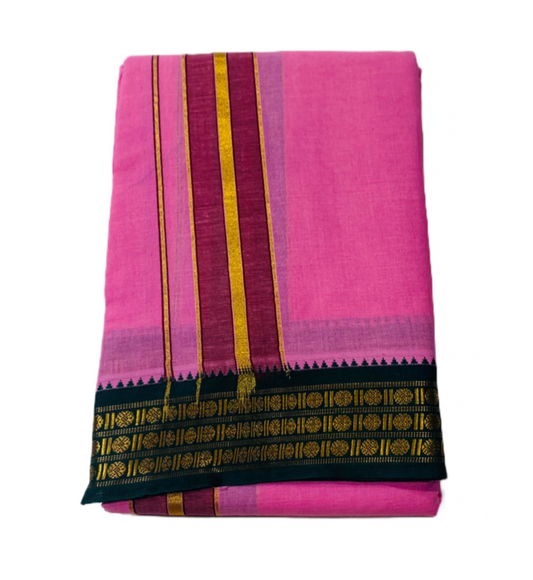 Pink shade Cotton Dhoti with  Border Green shade with diamond design.