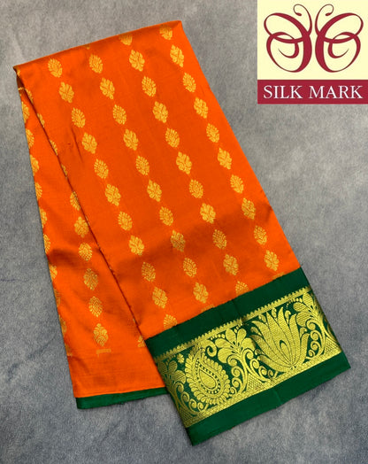 Orange Shade Pure Kanchipuram Kids Pattu Pavadai with Contrast Border for age 2 to 5
