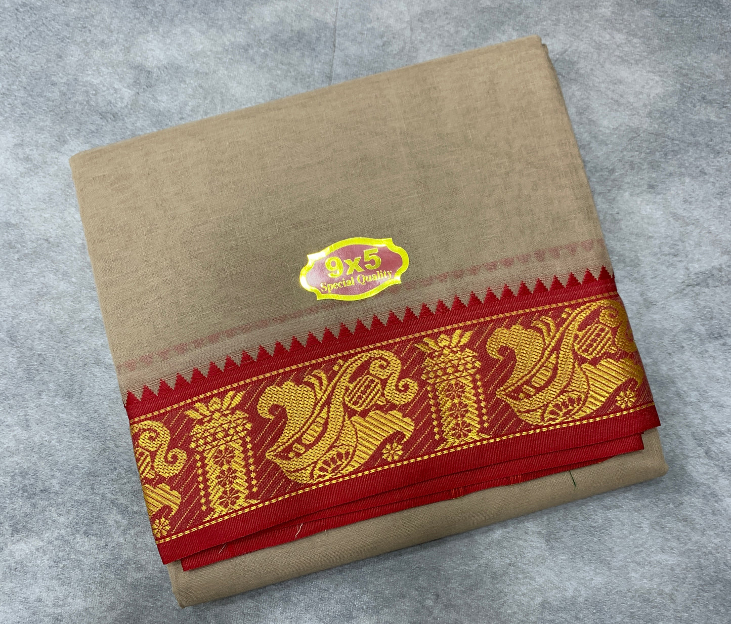 9X5 Cotton Dhoti Light Brown Colour with Red and Green