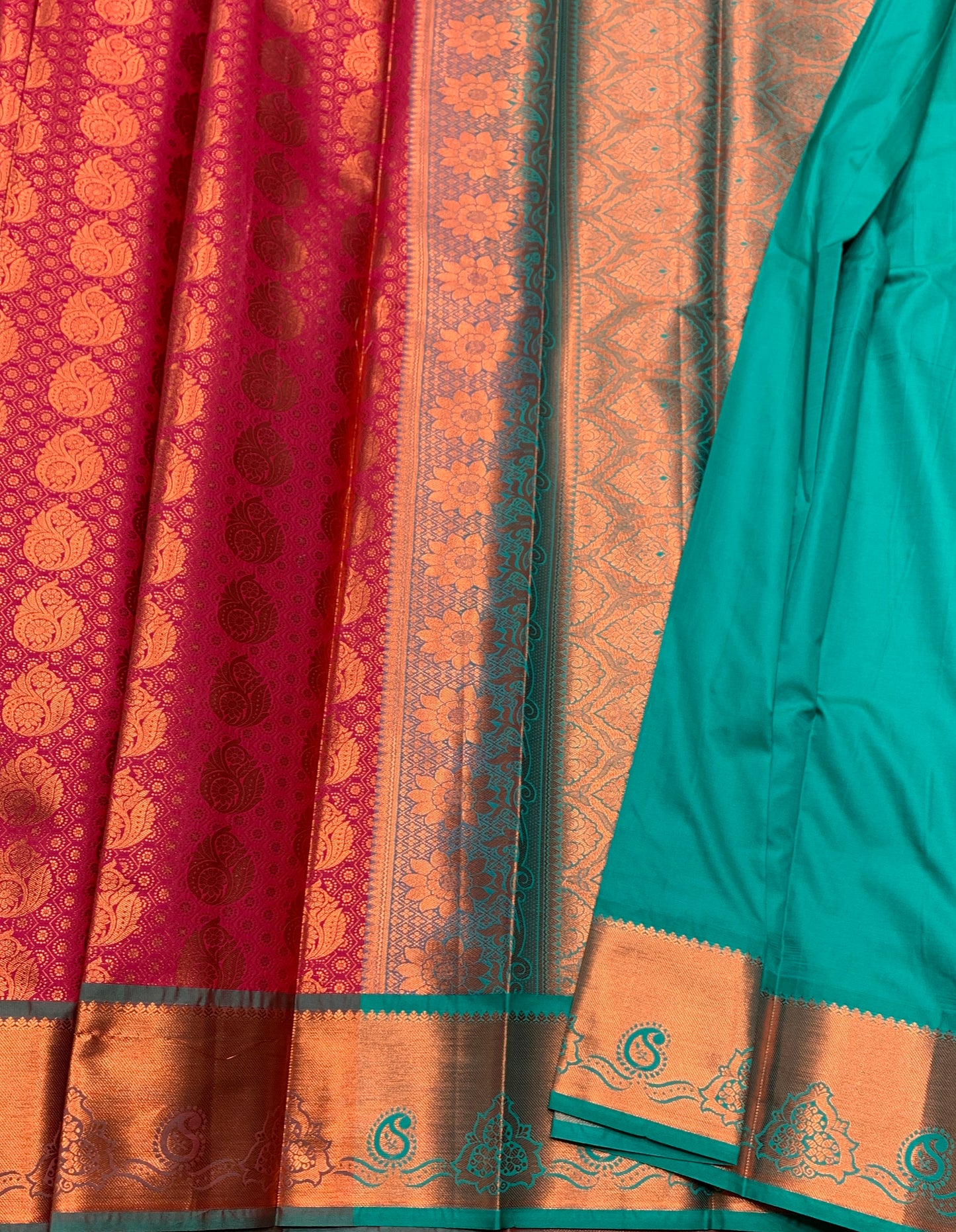 Vegan Silk Saree Pink Colour with Green and Copper Border