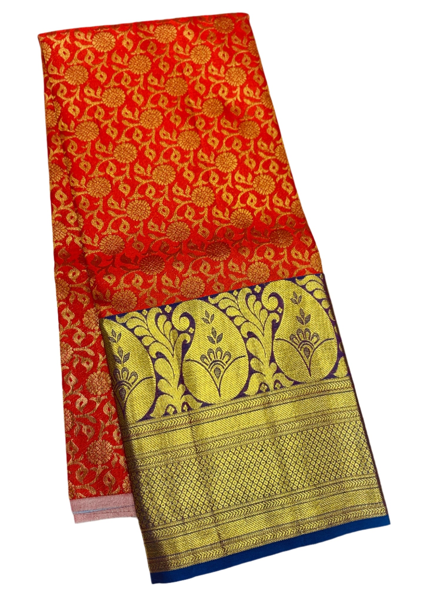 Red shade Pure Kanchipuram Kids Pattu Pavadai with contrast border for age 5 to 10