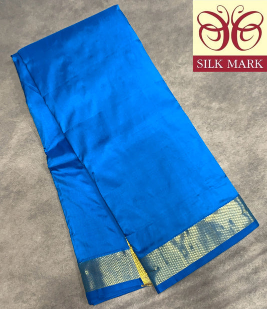9X5 Pure Silk Dhoti Ananda Blue with Large Golden Zari Border