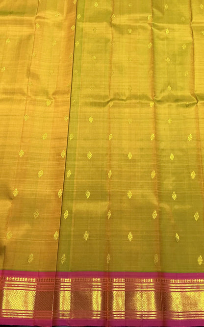 Pure Kanchipuram Silk Saree Lime Green Colour with Pink Gold Zari Border