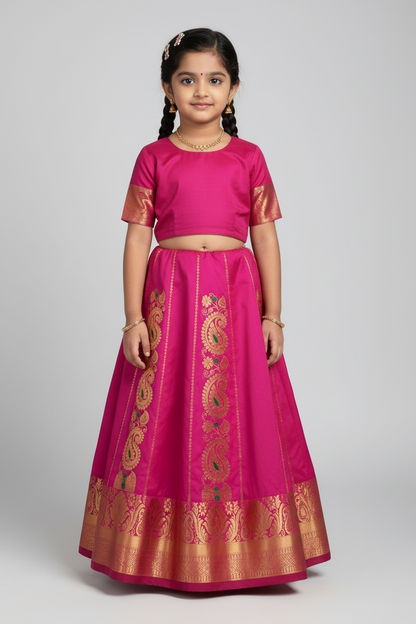 Pink Shade Semi silk Kids Pattu Pavadai with Contrast border for age 5 to 10