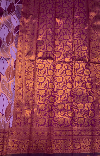 Art Silk Saree Lavender Colour with Leaf Design