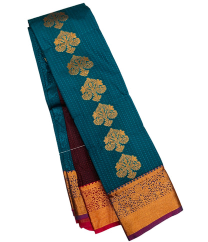 Vegan Silk Saree Peacock Green shade with Copper Border