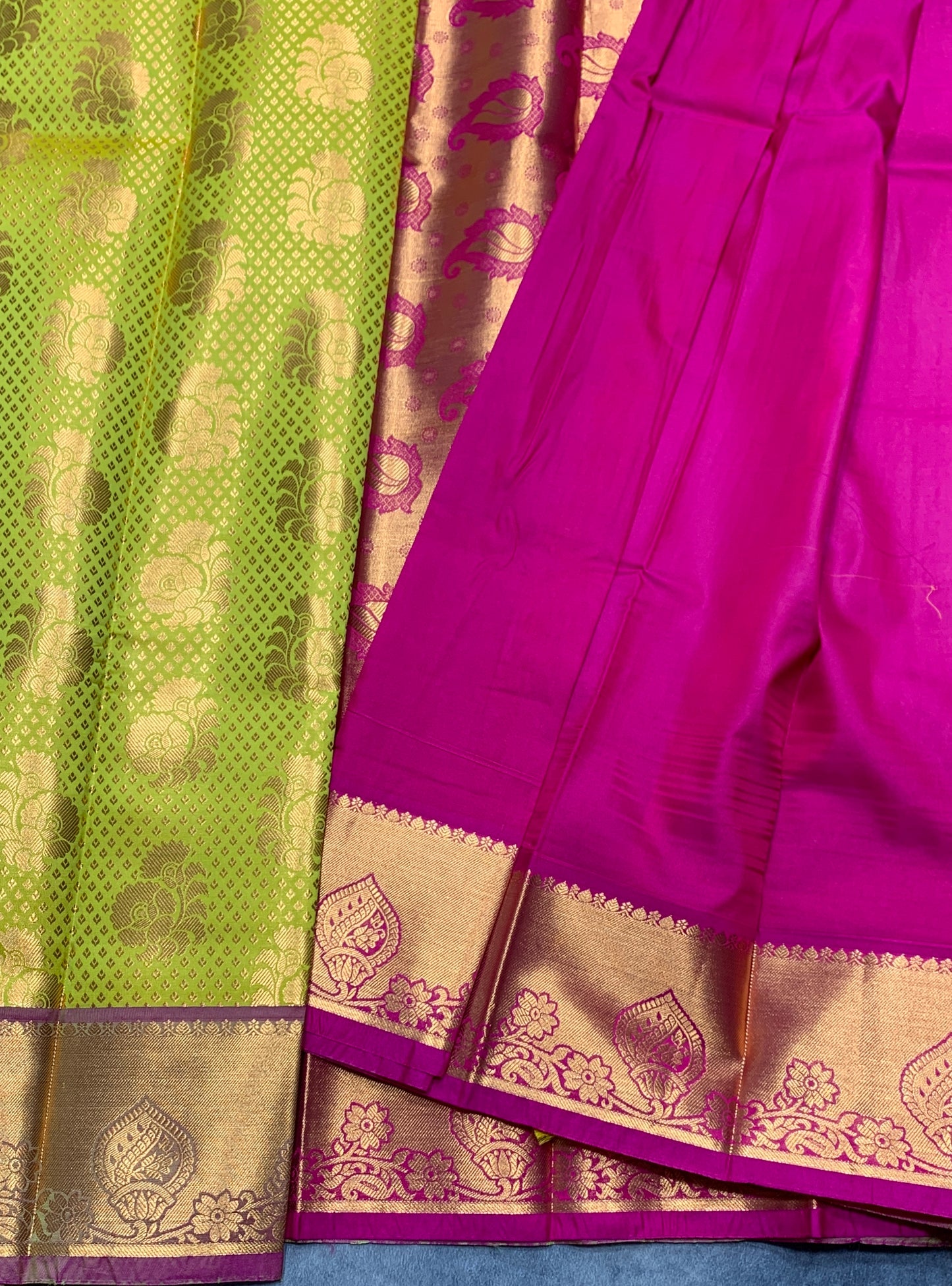 Vegan Silk Saree Lime Green Colour with Pink and Copper Border