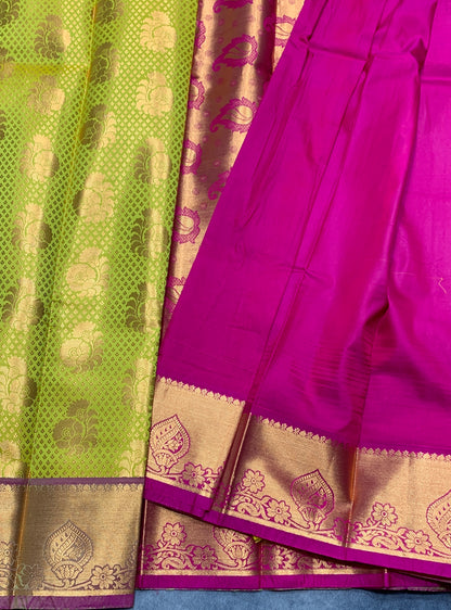 Vegan Silk Saree Lime Green Colour with Pink and Copper Border